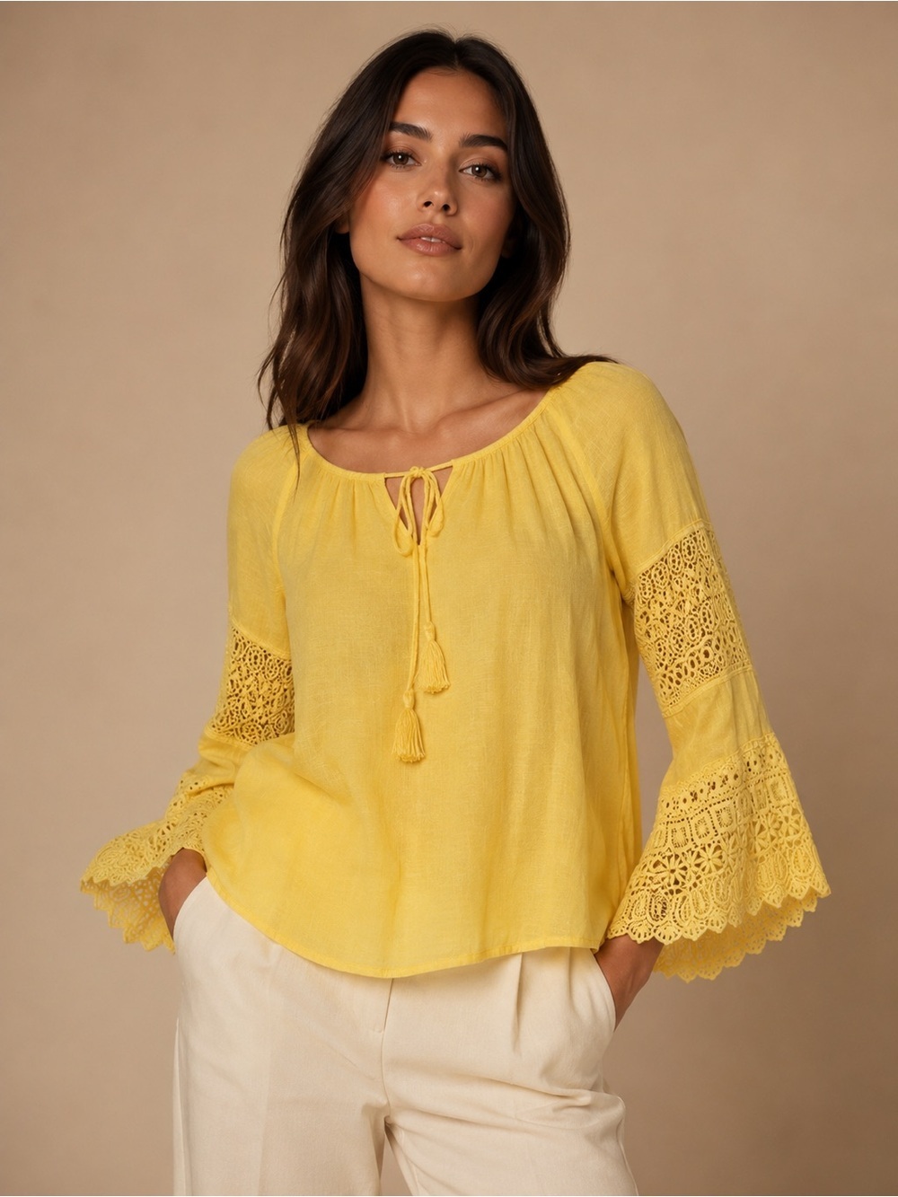 Passport Yellow Crochet Bell-Sleeve Peasant Blouse